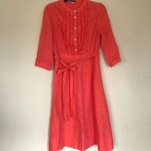 J.Crew 100%Linen Ruffle Front Coral Midi Dress